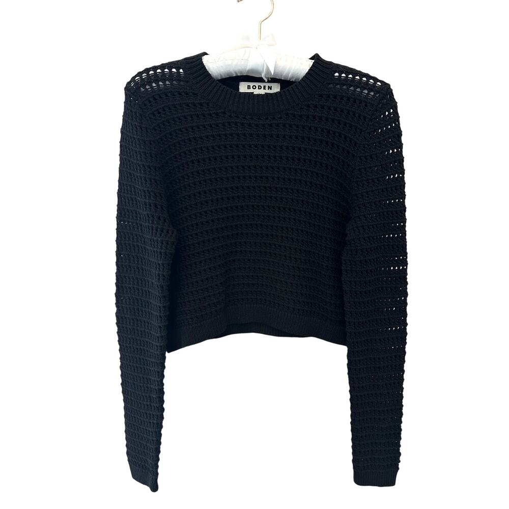 BODEN Black 100% Cotton Open Knit Cropped Sweater Textured Pullover | Small